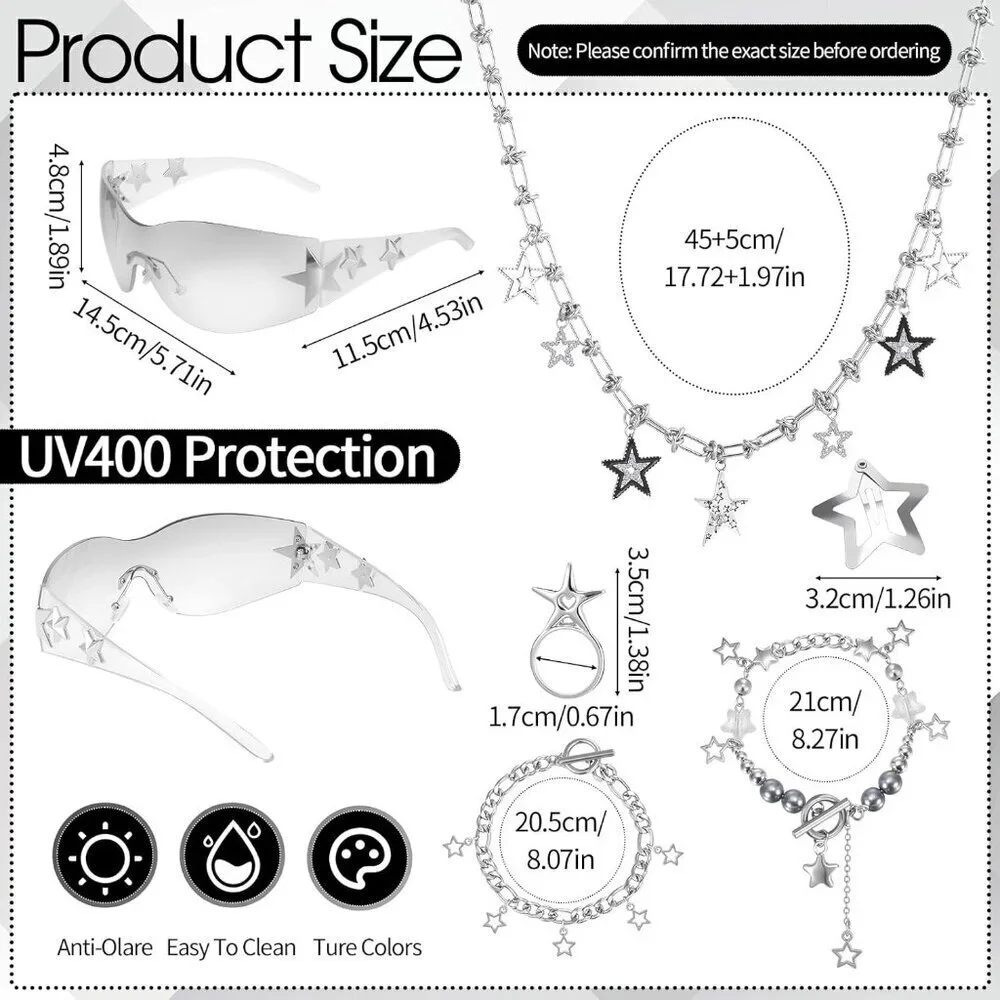 Y2K Silver Necklace Set with Star Bracelets Sunglasses Hair Clips for Women